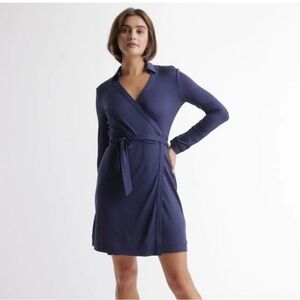 Quince Navy Blue Silk True Wrap Dress sz L Women’s Long Sleeve Mini Length NWT